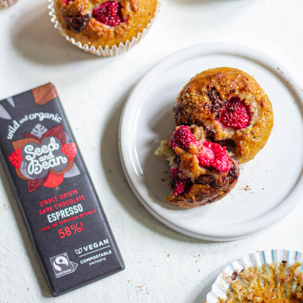 Vegan Chocolate, Banana and Raspberry Muffins