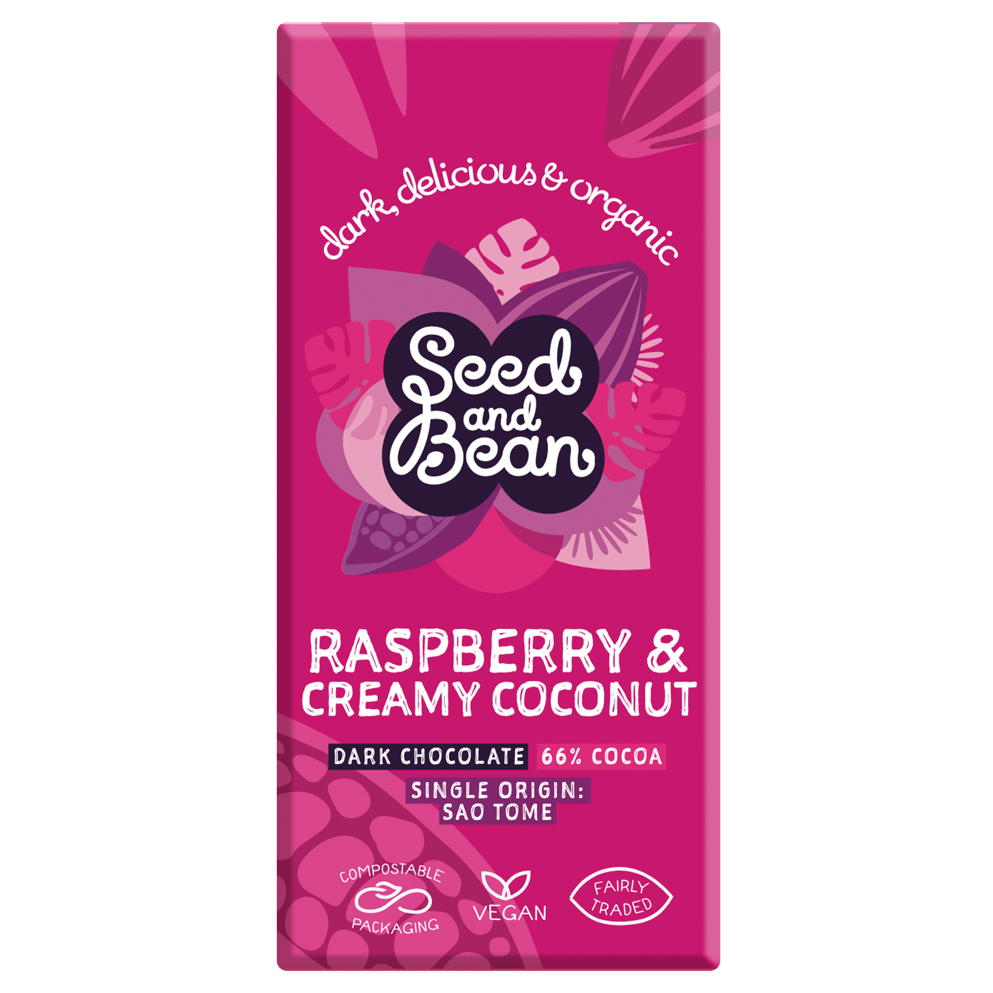 Raspberry  & Creamy Coconut Extra Dark Chocolate 75g Bar (66% Cocoa)
